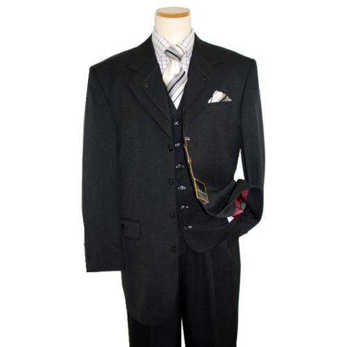 Stacy Adams Solid Black with White Stitch Super 100's Vested Suit